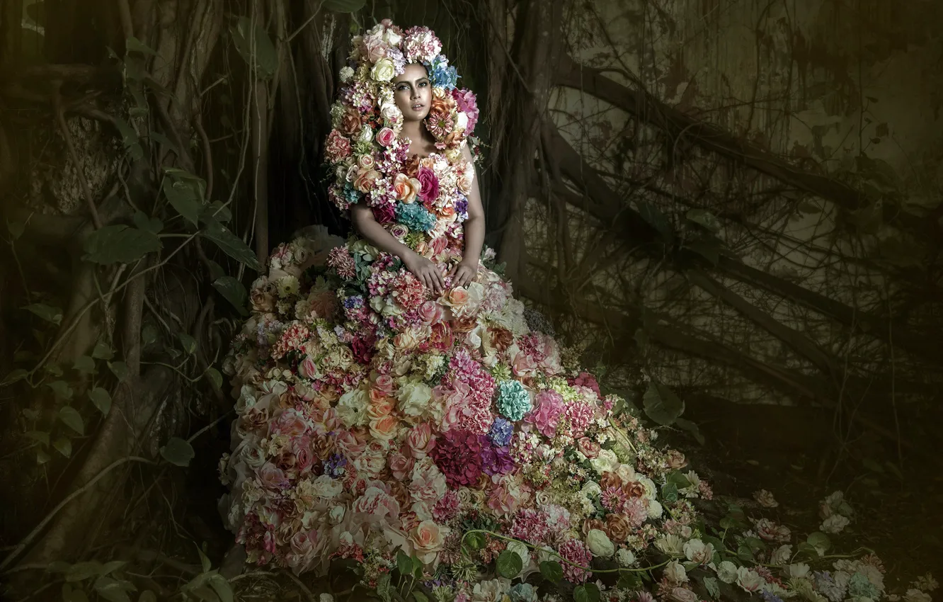 Photo wallpaper girl, flowers, dress