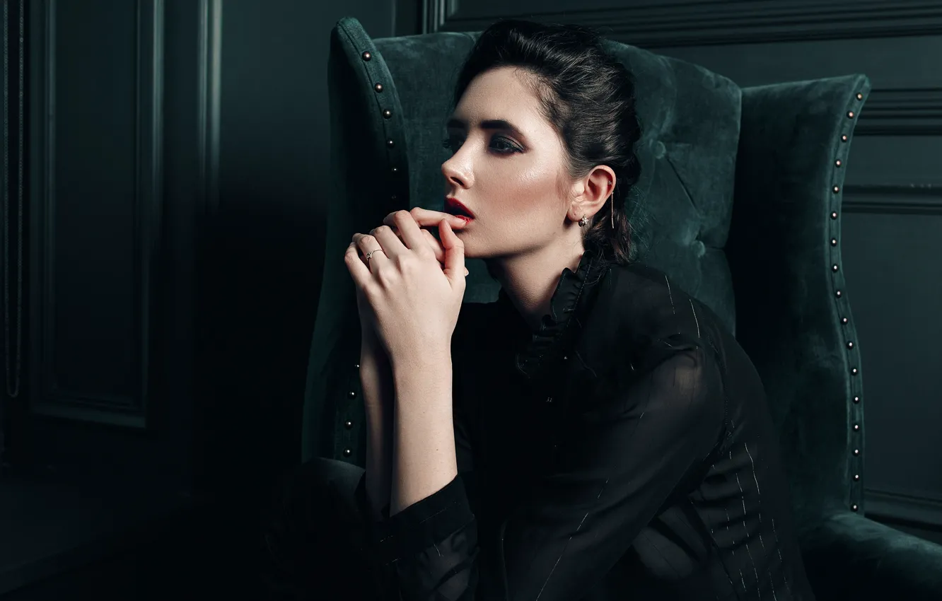 Photo wallpaper face, pose, portrait, chair, hands, makeup, Disha Shemetova, DISHA Shemetova