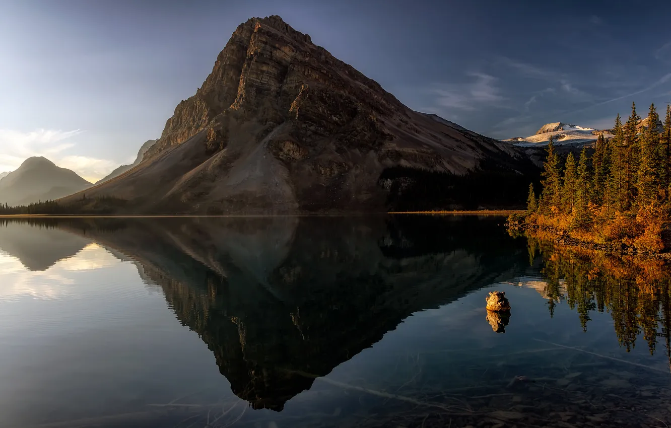 Photo wallpaper forest, the sky, light, mountains, lake, reflection, rocks, morning