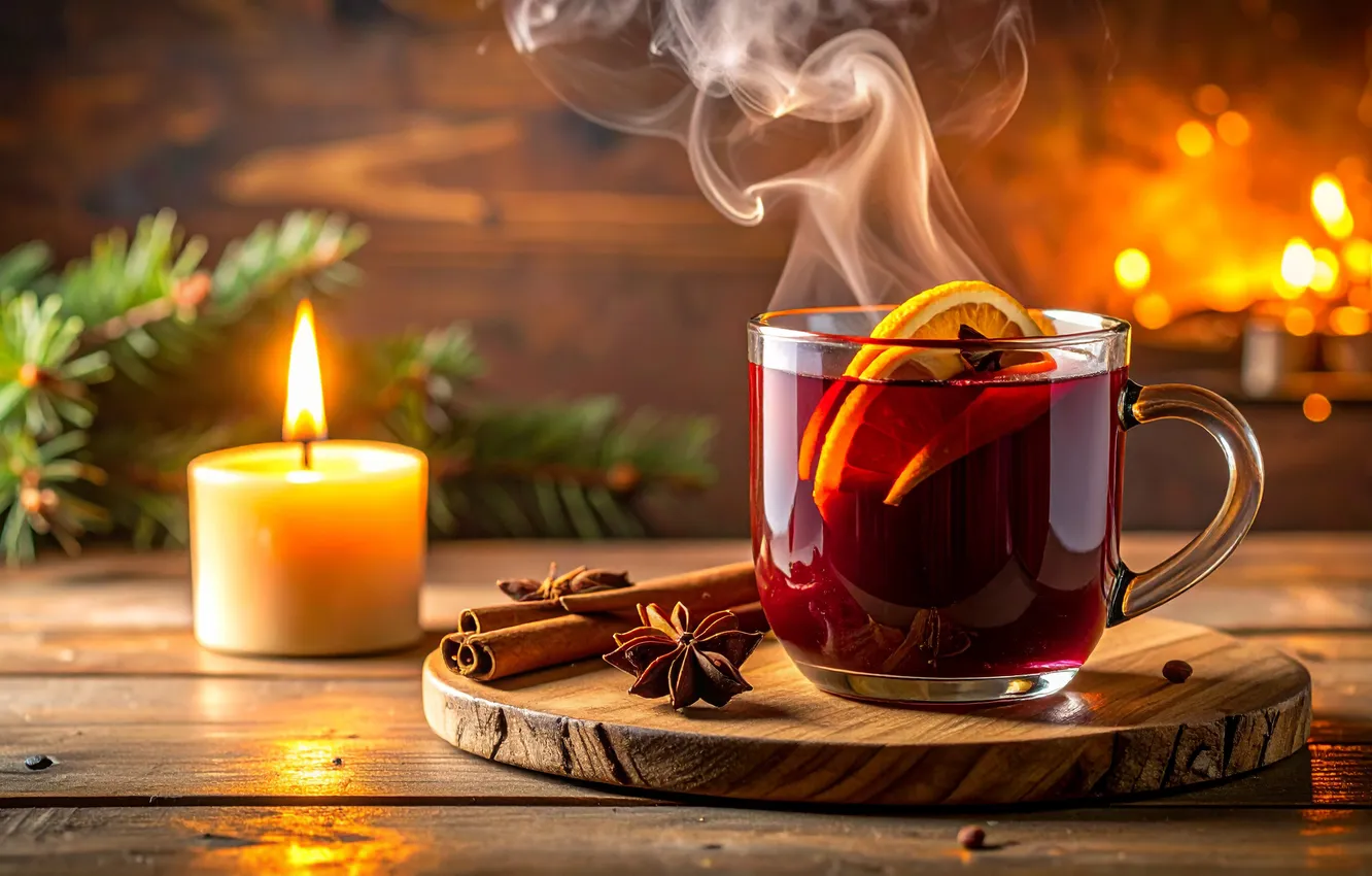 Photo wallpaper lights, table, tea, Board, new year, Christmas, Cup, cinnamon