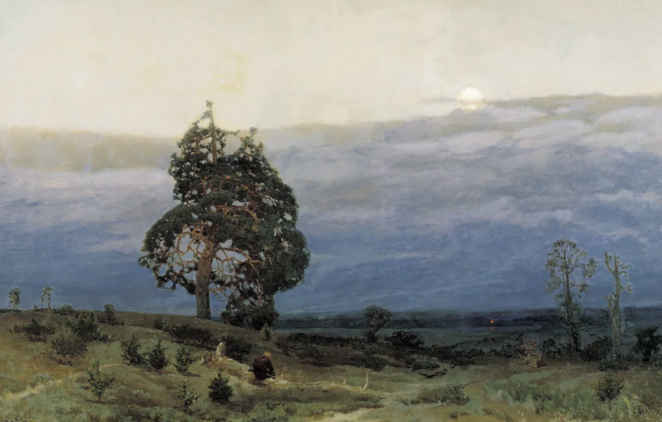 Photo wallpaper trees, landscape, clouds, people, picture, the evening, twilight, Vasnetsov