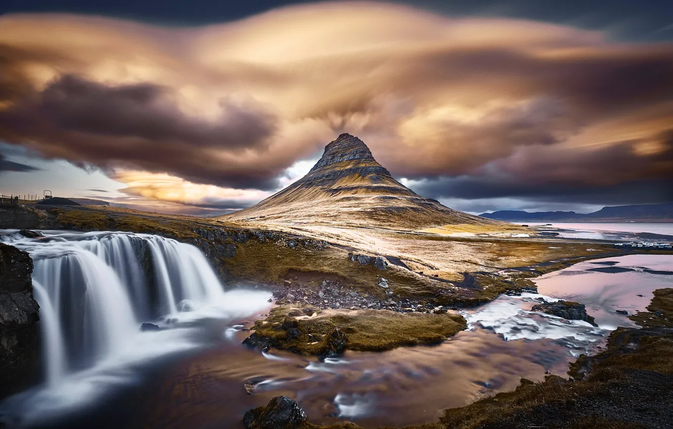 Photo wallpaper clouds, nature, mountain, waterfall, Iceland, Kirkjufell