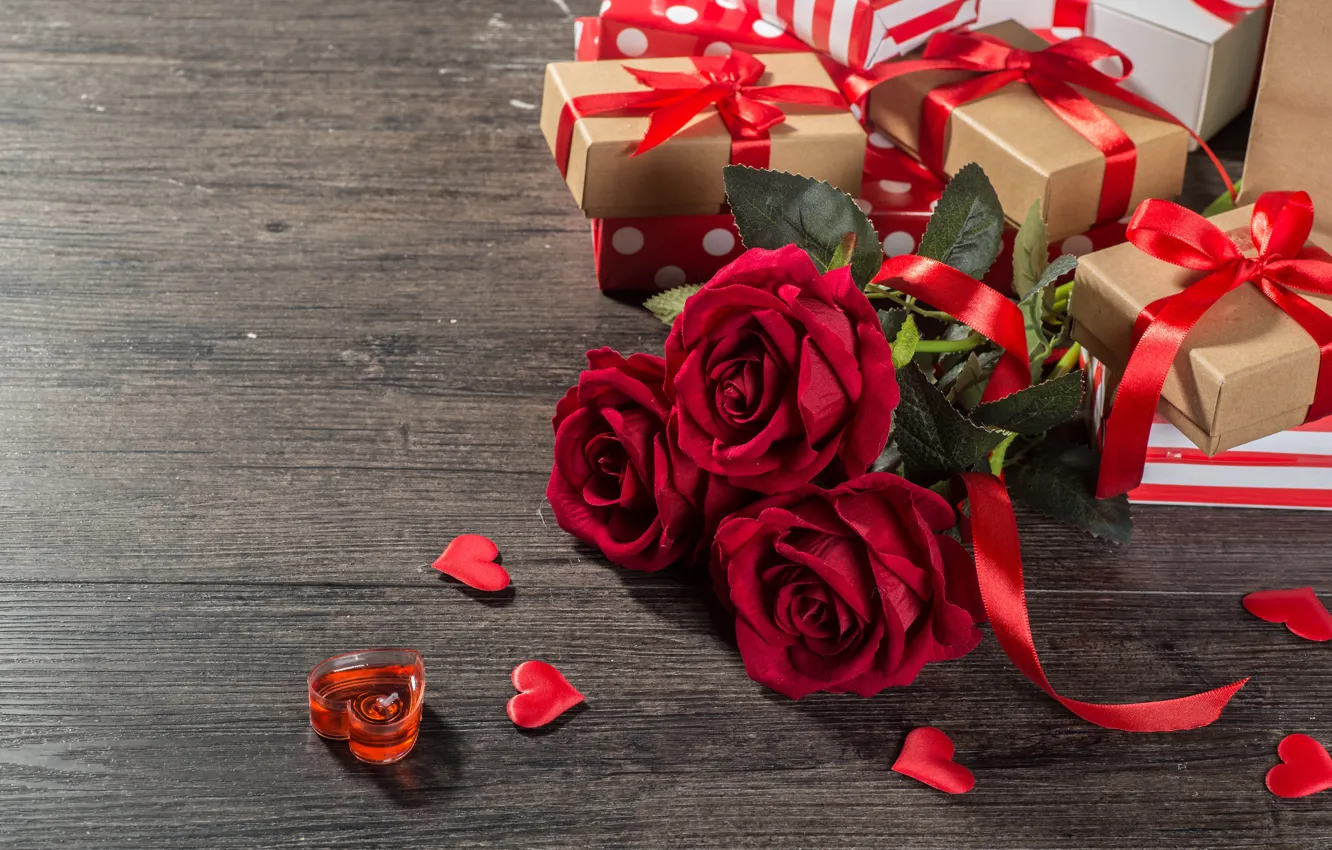 Photo wallpaper love, flowers, gift, heart, roses, candles, hearts, love
