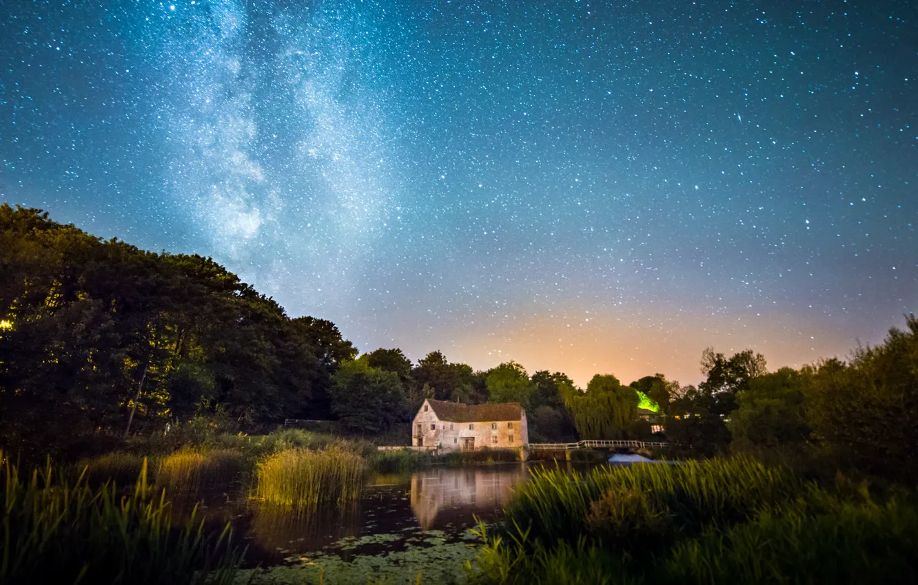 Photo wallpaper bridge, lake, home, house, the milky way, bridge, lake, Milky Way
