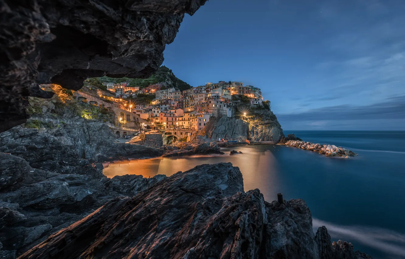 Photo wallpaper sea, landscape, nature, rocks, home, the evening, lighting, Italy