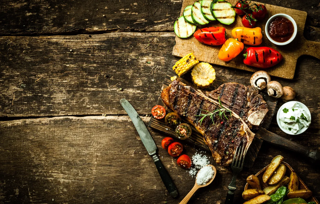Photo wallpaper table, tree, corn, cucumber, knife, meat, Board, pepper