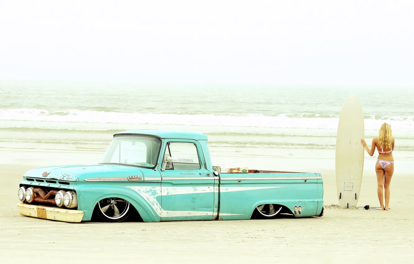 Photo wallpaper Ford, Girl, Bikini, Beach, Old, Truck, Blonde, Lowrider