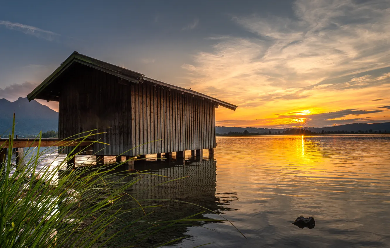 Photo wallpaper sunset, lake, elling