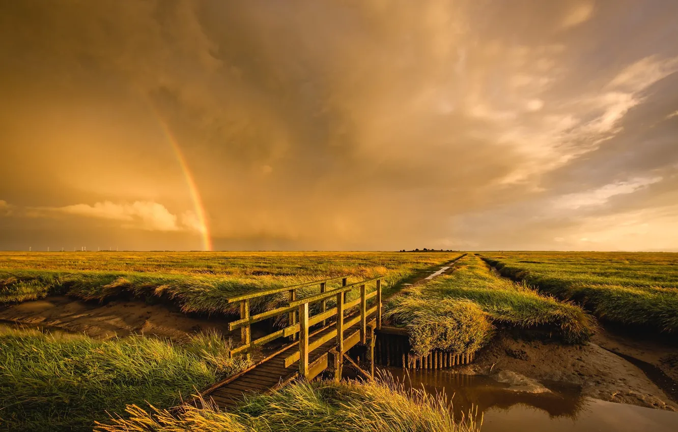 Photo wallpaper field, landscape, nature, beauty, rainbow, channel, the bridge