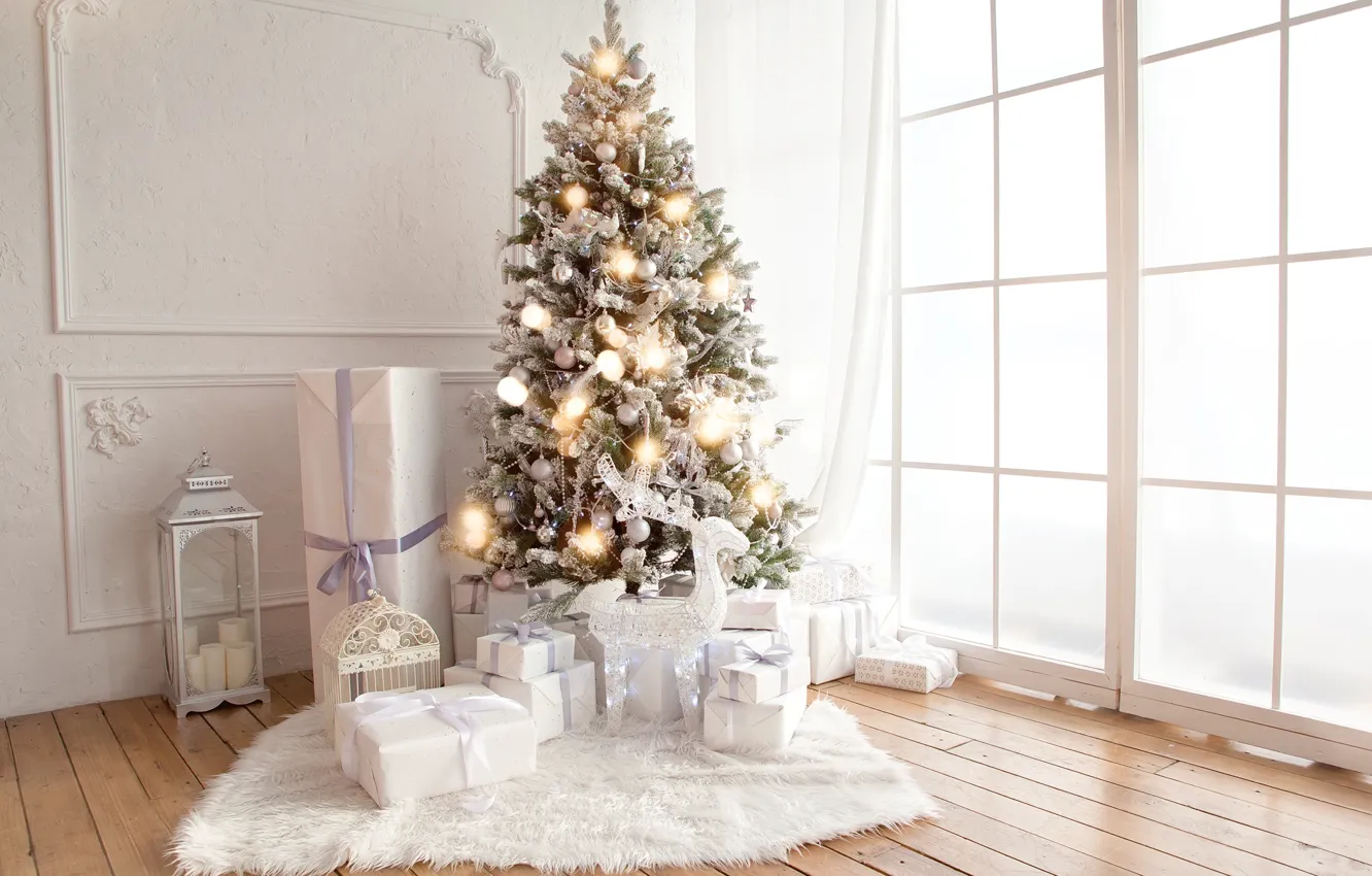 Photo wallpaper decoration, toys, tree, New Year, Christmas, gifts, white, Christmas