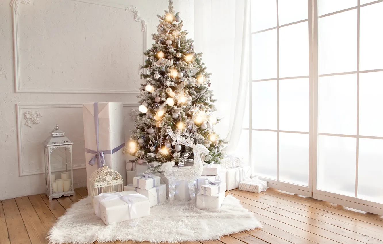 Photo wallpaper decoration, gift, toy, tree, new year, Christmas, white, Christmas