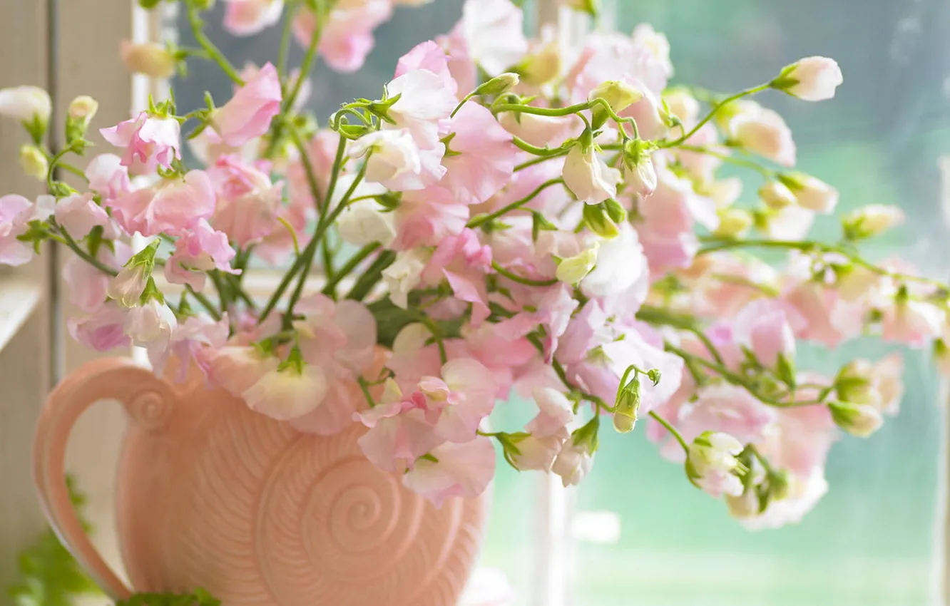 Photo wallpaper flowers, bouquet, window, vase, pink