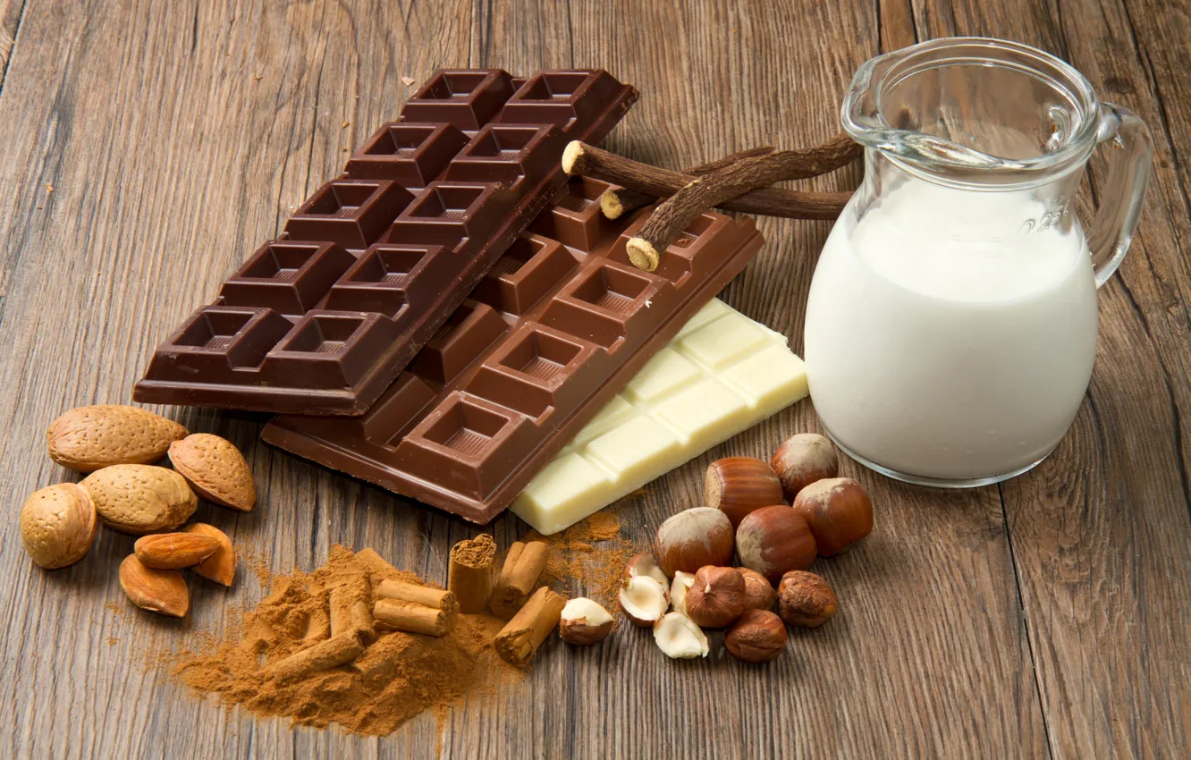 Photo wallpaper chocolate, milk, nuts, almonds, sweet, hazelnuts