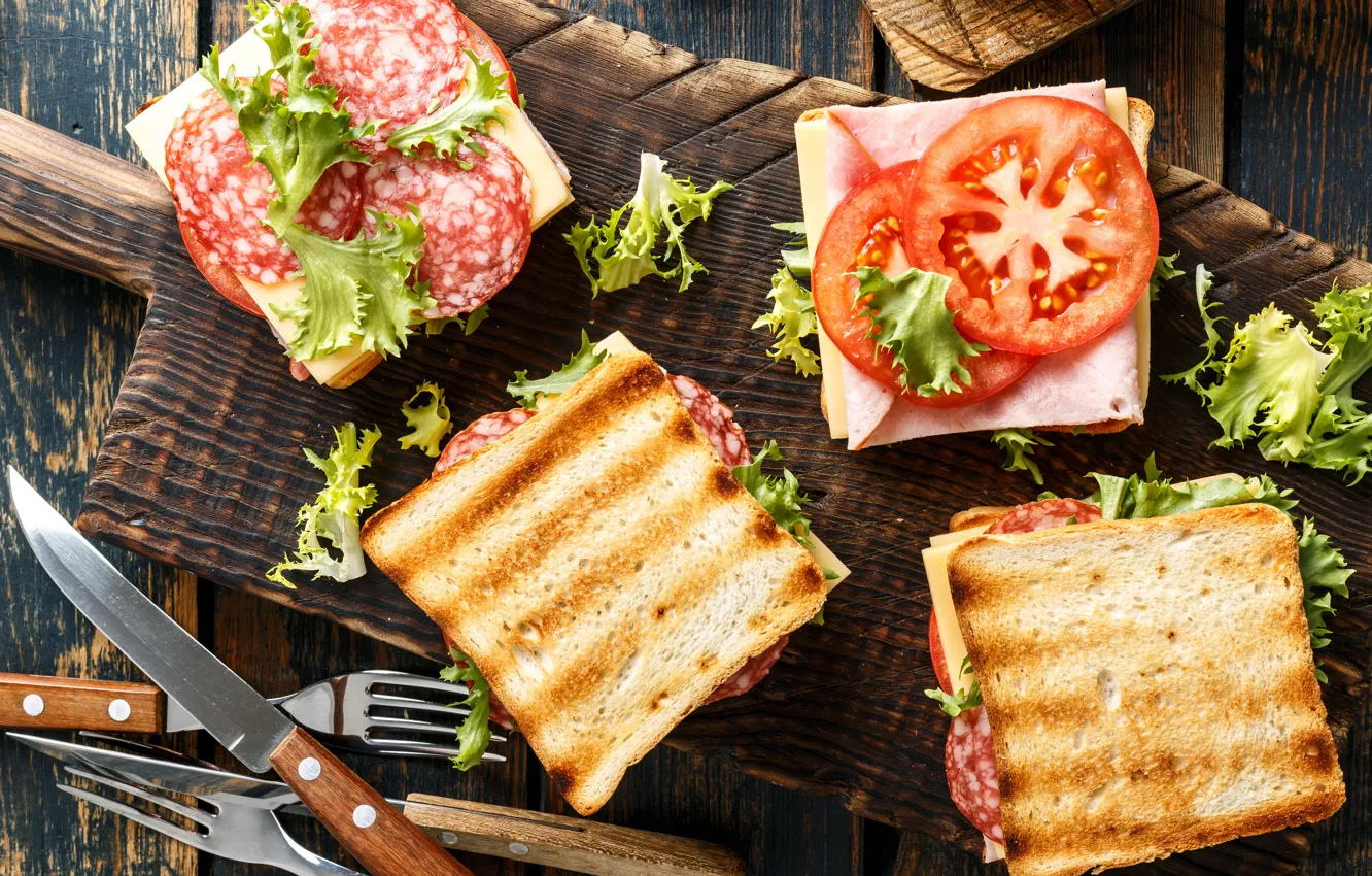 Photo wallpaper cheese, bread, tomatoes, cutting, toast, salami