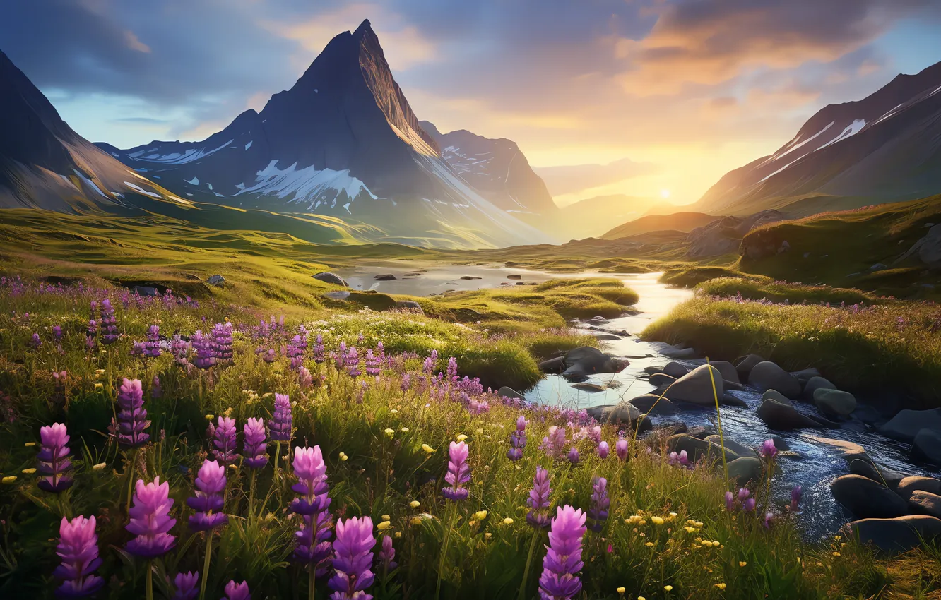 Photo wallpaper flowers, mountains, lake, spring, colorful, meadow, blossom, flowers