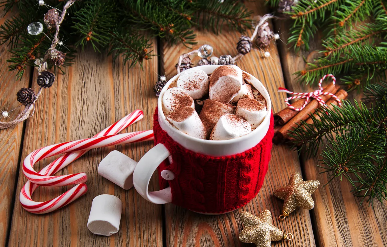 Photo wallpaper decoration, New Year, Christmas, christmas, wood, cup, merry, cocoa