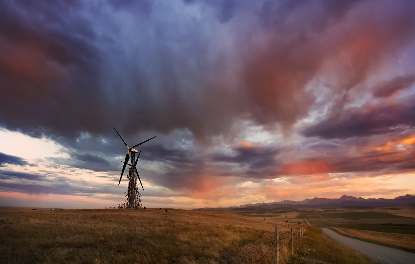 Photo wallpaper road, field, the sky, clouds, the fence, space, windmills