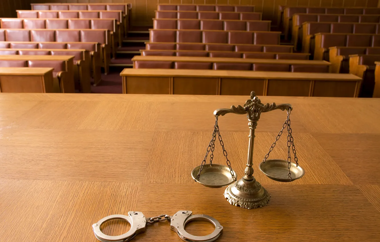 Photo wallpaper Libra, handcuffs, Themis, courtroom