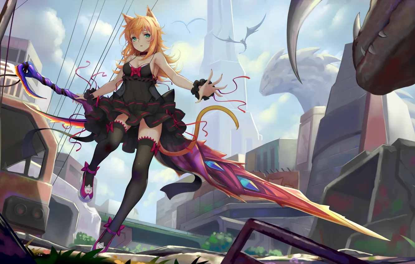 Photo wallpaper girl, the city, sword, ears, anime, art, ponytail, tagme