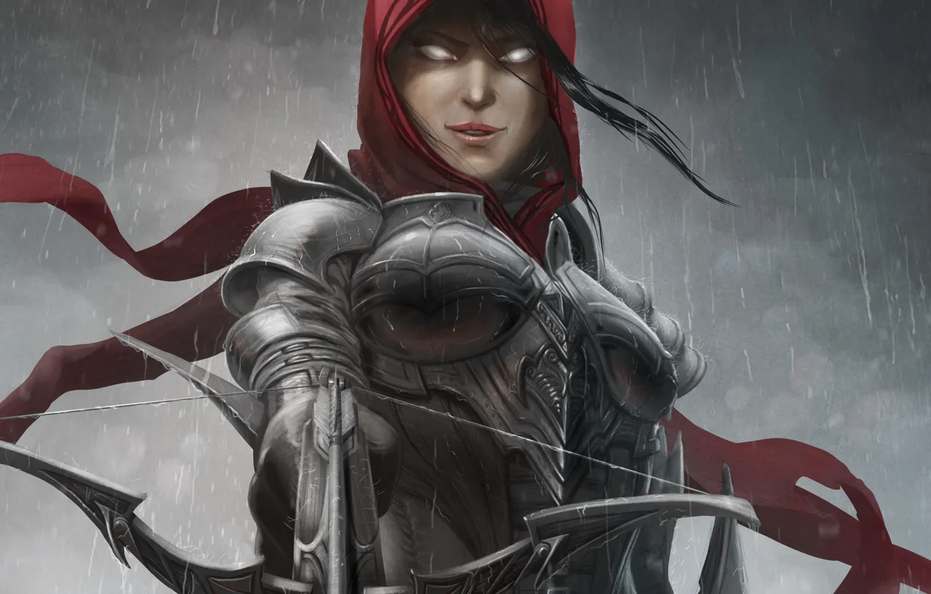 Photo wallpaper girl, rain, art, hood, Diablo III, armor, crossbow, Demon Hunter