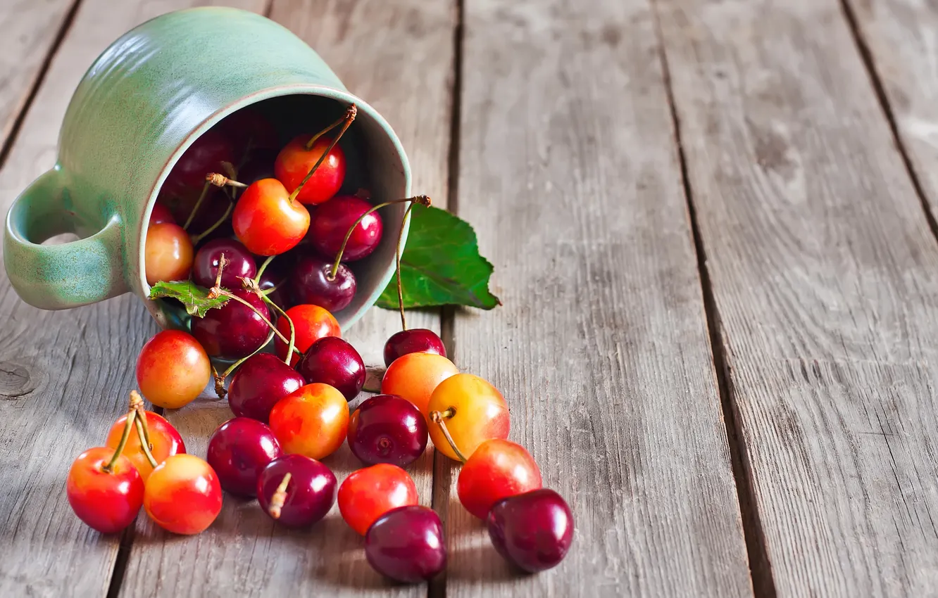 Photo wallpaper yellow, red, cherry, the mug