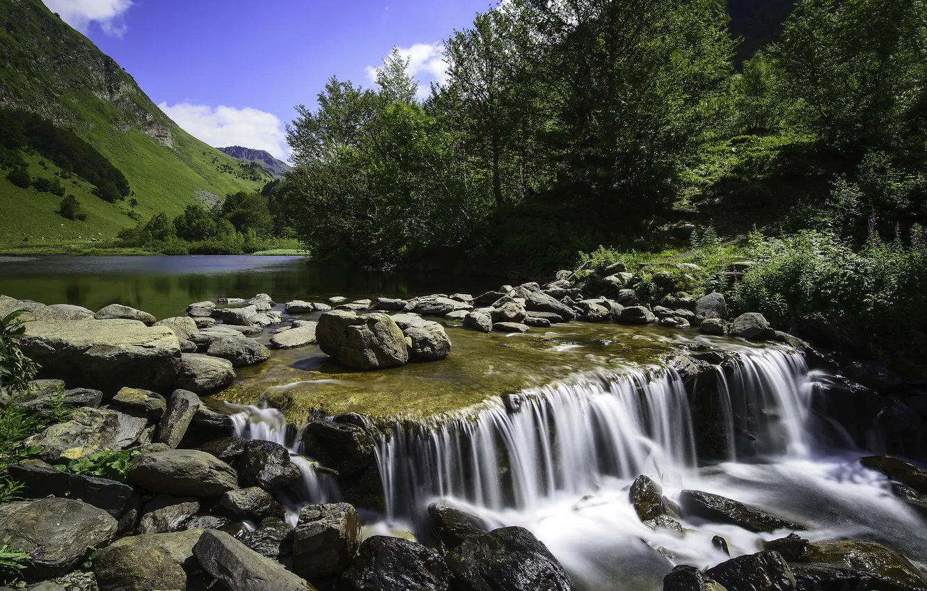 Photo wallpaper the sky, trees, mountains, river, stones, thresholds