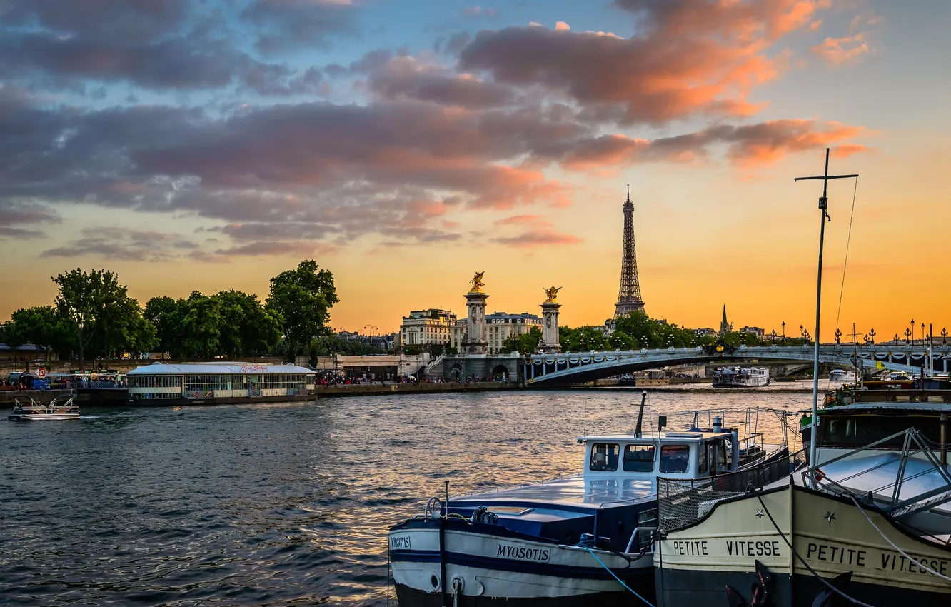 Photo wallpaper the sky, clouds, bridge, river, France, Paris, tower, morning