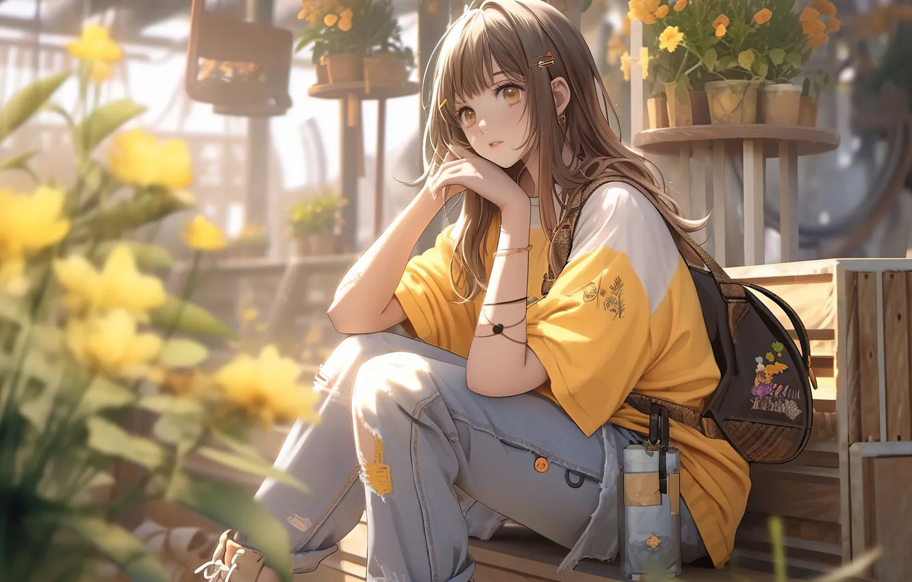 Photo wallpaper girl, flowers, jeans, brunette, t-shirt, boots, anime girls, Schoolgirl