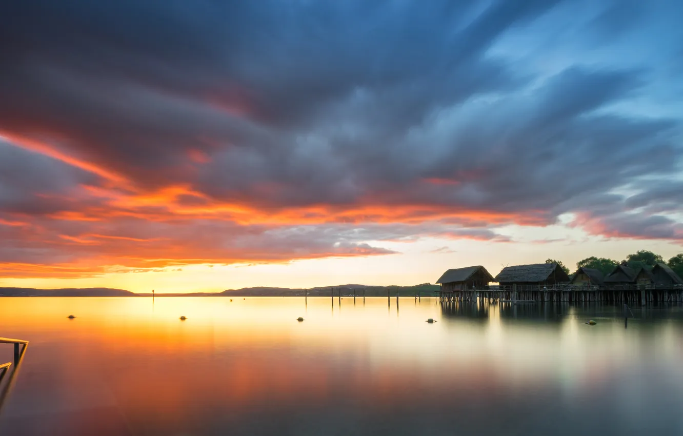 Photo wallpaper clouds, dawn, house, pond