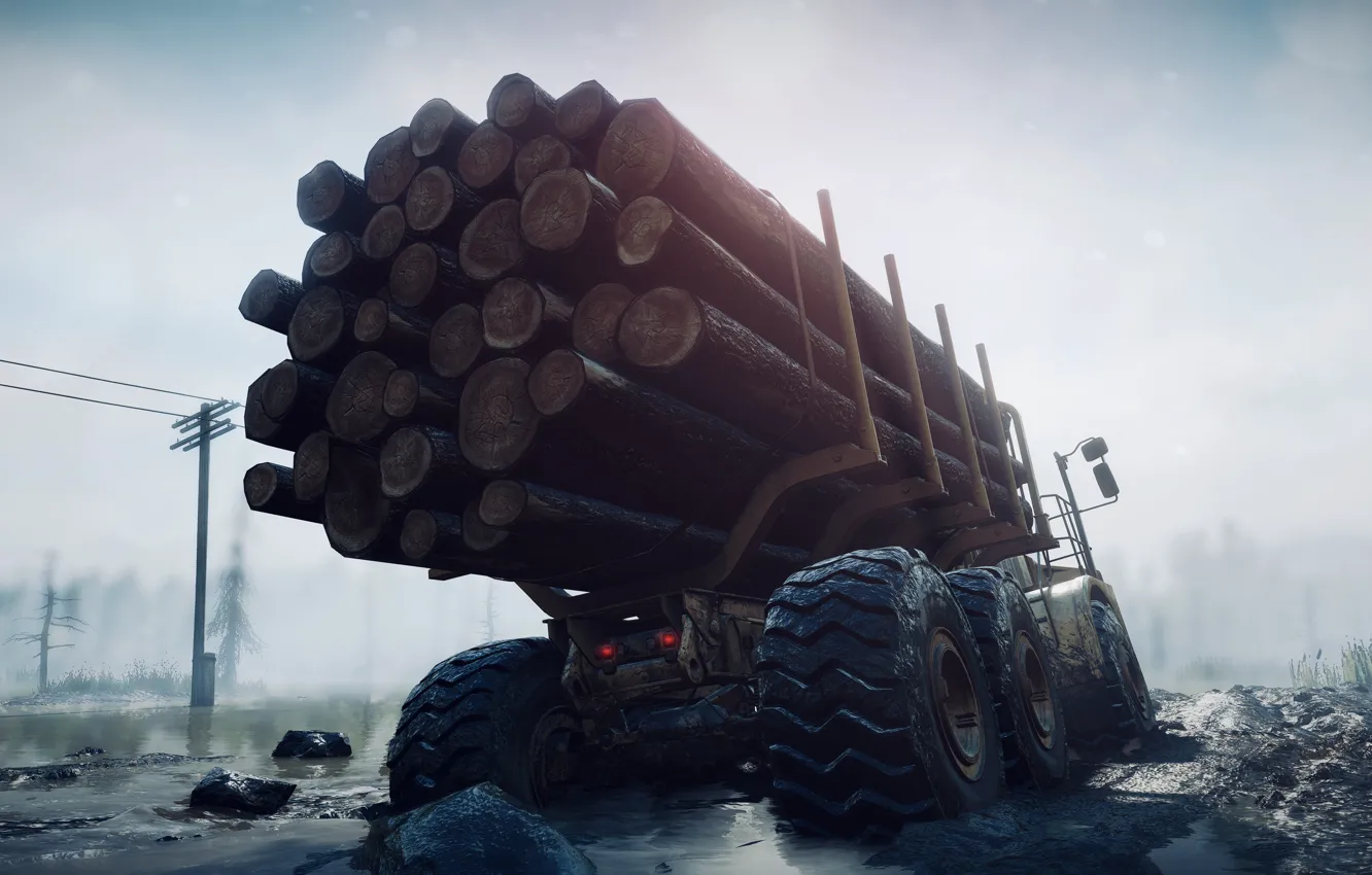 Photo wallpaper HDR, sunshine, game, wood, cat, truck, stones, mud