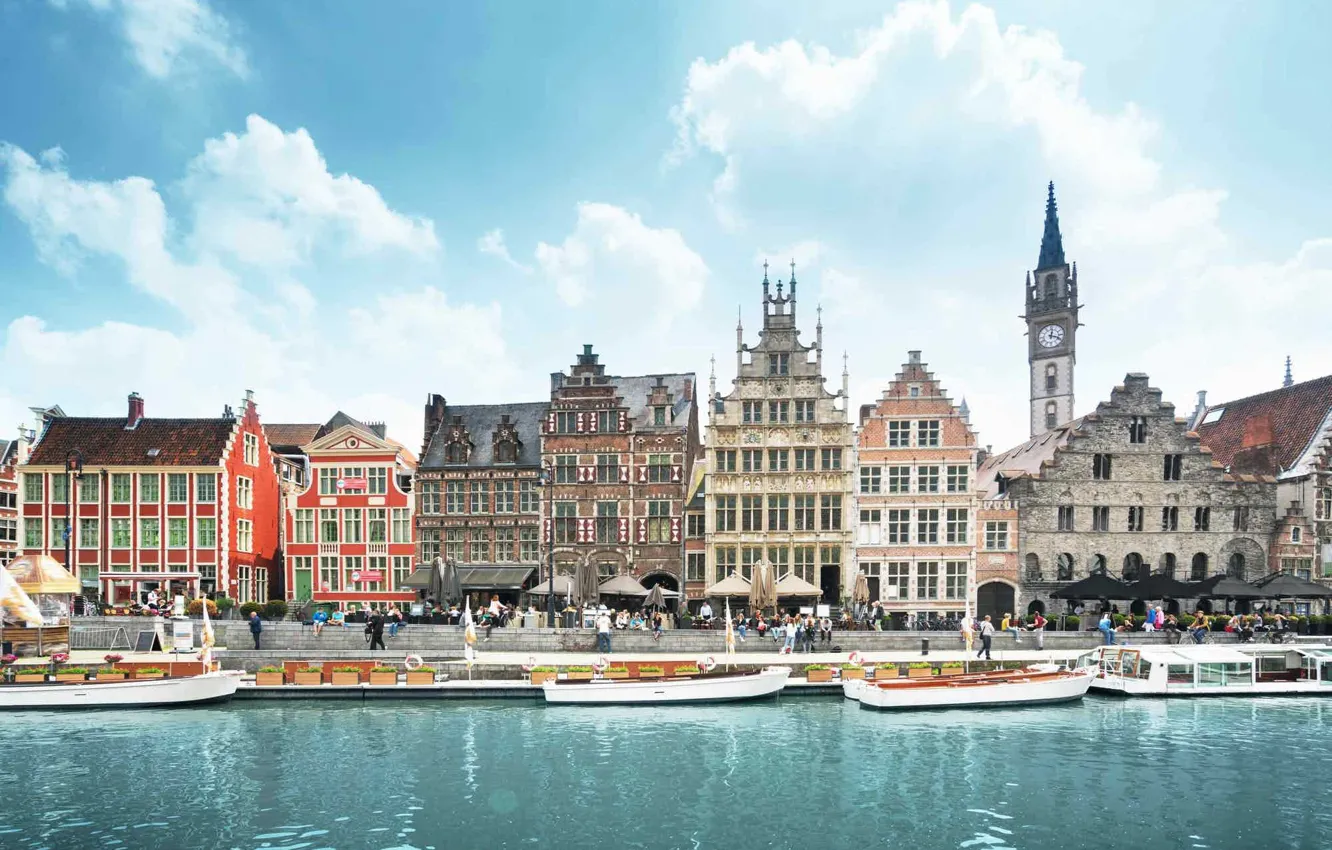 Photo wallpaper boat, home, area, Belgium, architecture, Ghent, Korenmarkt, Center