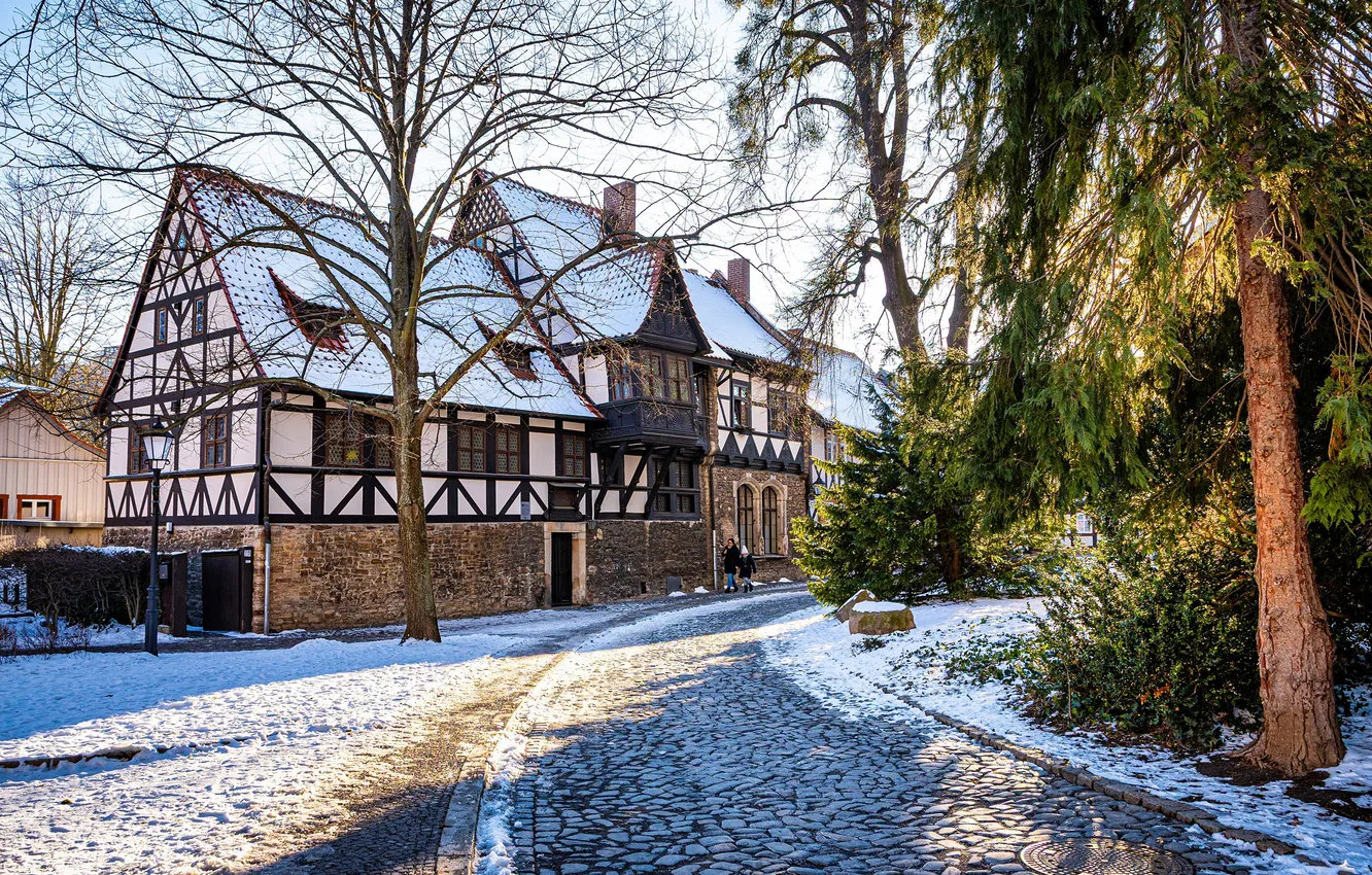 Photo wallpaper snow, trees, street, home, Germany, Wernigerode