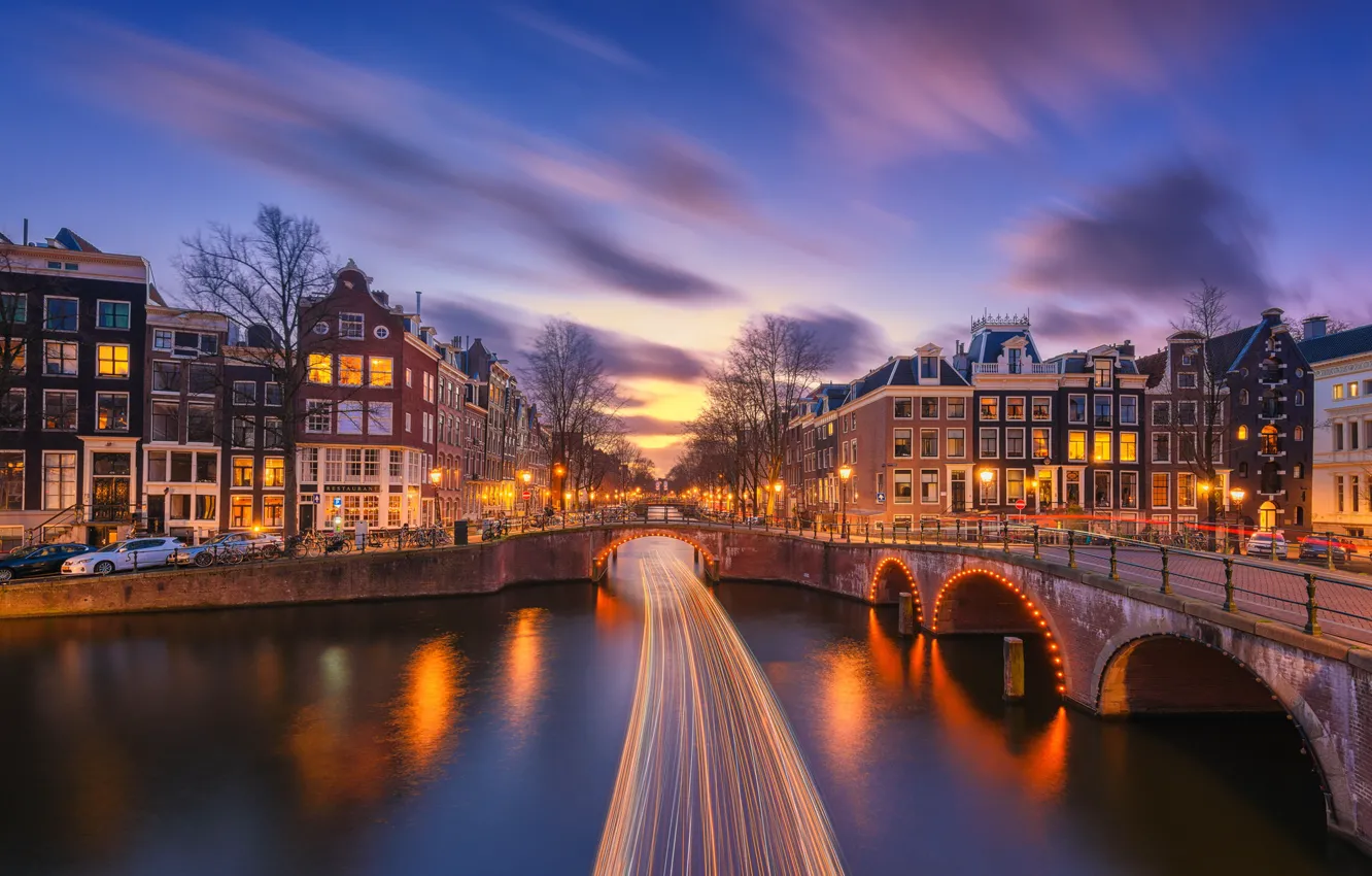 Photo wallpaper bridge, the city, lights, the evening, excerpt, Amsterdam, channel, Netherlands