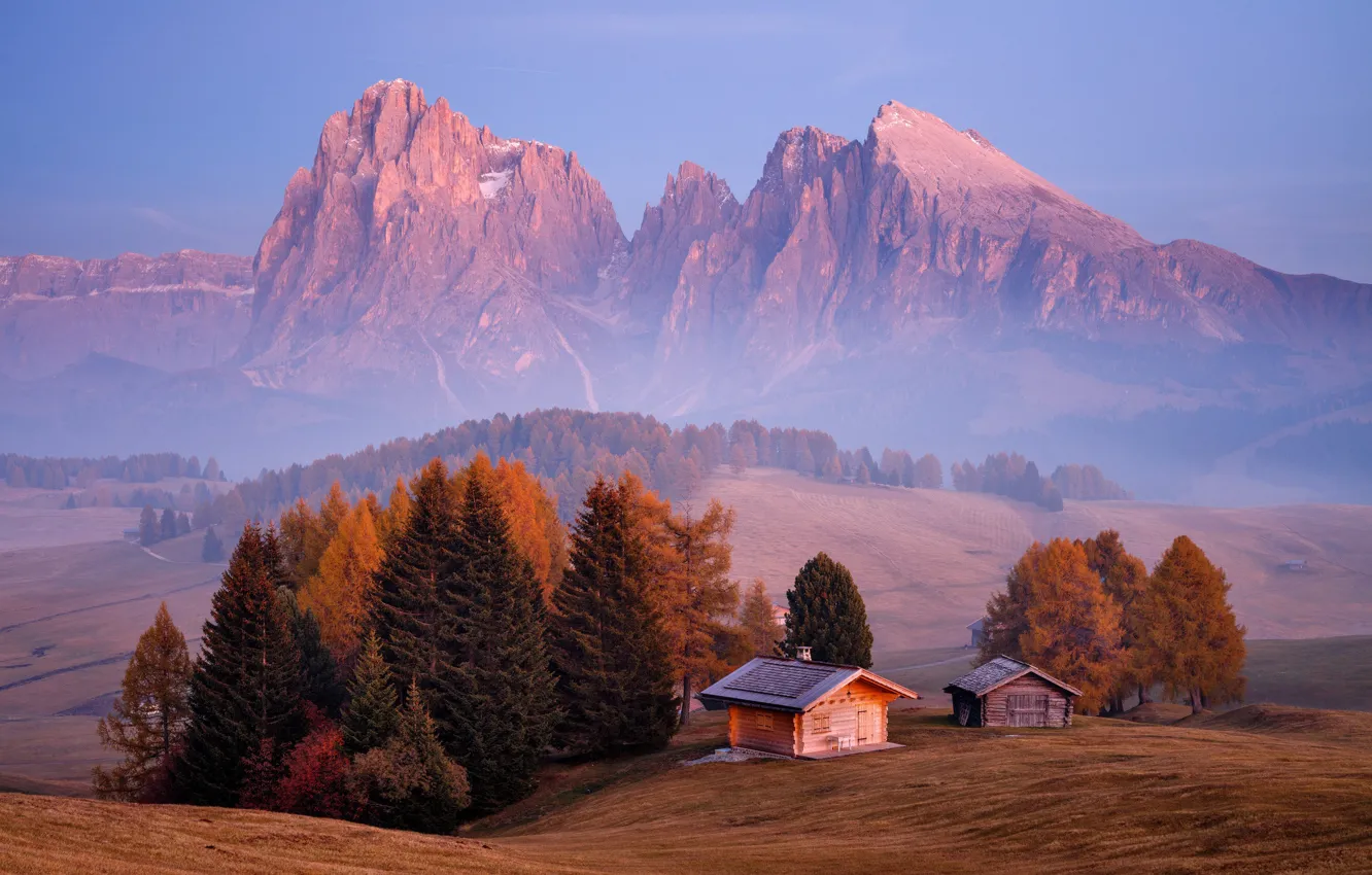 Photo wallpaper autumn, trees, mountains, Alps, house