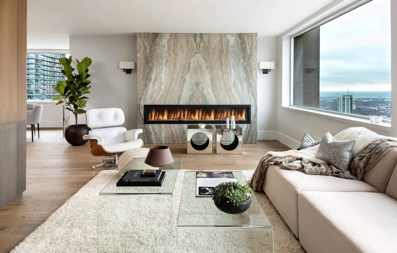 Photo wallpaper interior, fireplace, living room, Bay Bloor Penthouse