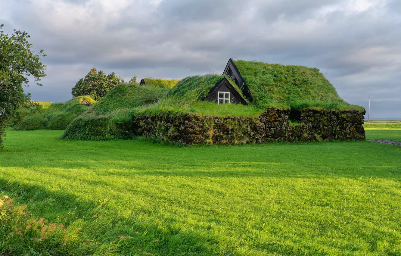 Photo wallpaper roof, greens, field, grass, clouds, house, tree, glade
