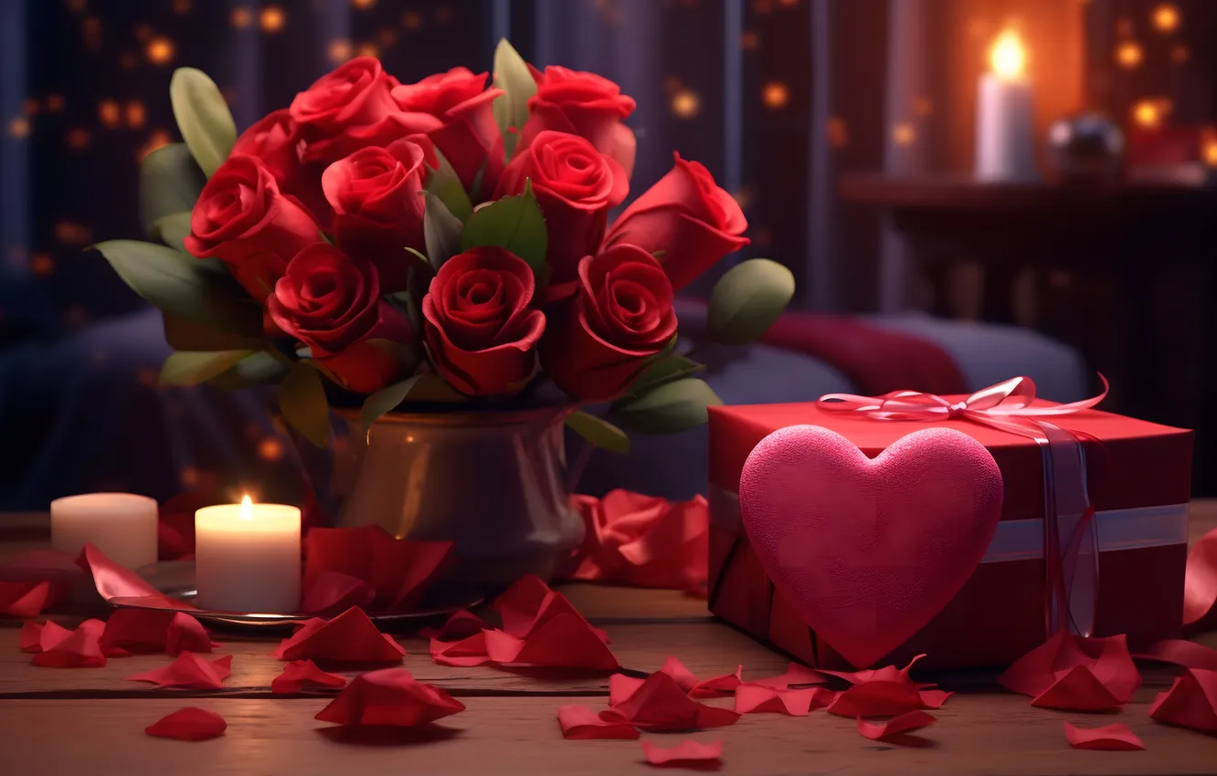 Photo wallpaper love, flowers, gift, romance, heart, roses, love, Valentine's day