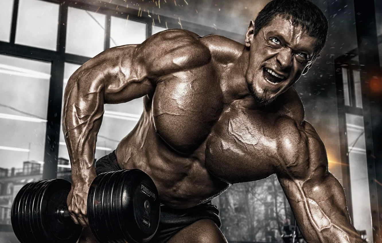 Photo wallpaper Muscle, muscle, pose, training, dumbbells, gym, bodybuilder, dumbbells
