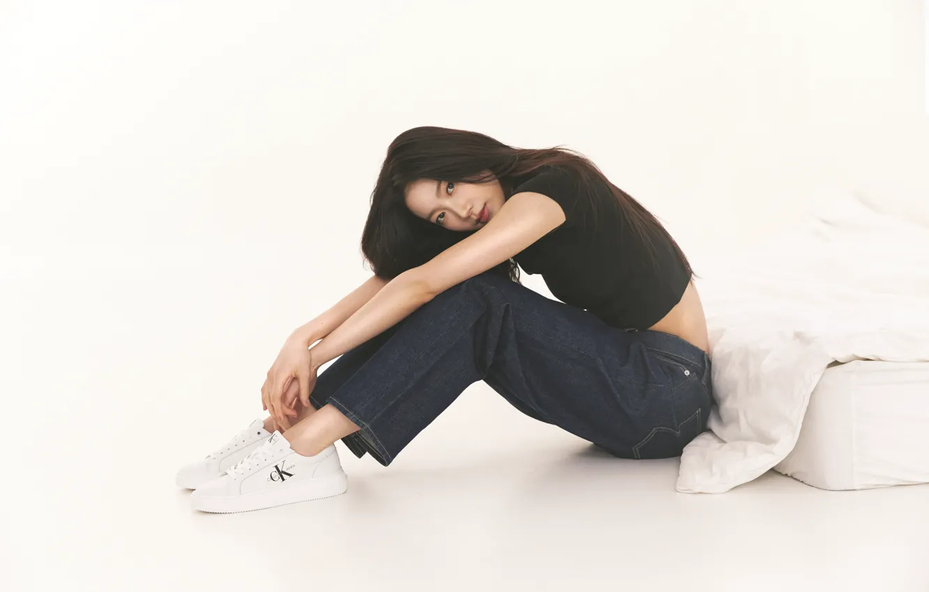Photo wallpaper girl, sitting, Calvin Klein, Shoe Collection, Footwear collection, Nakamura Kazuha, Nakamura Kazuha