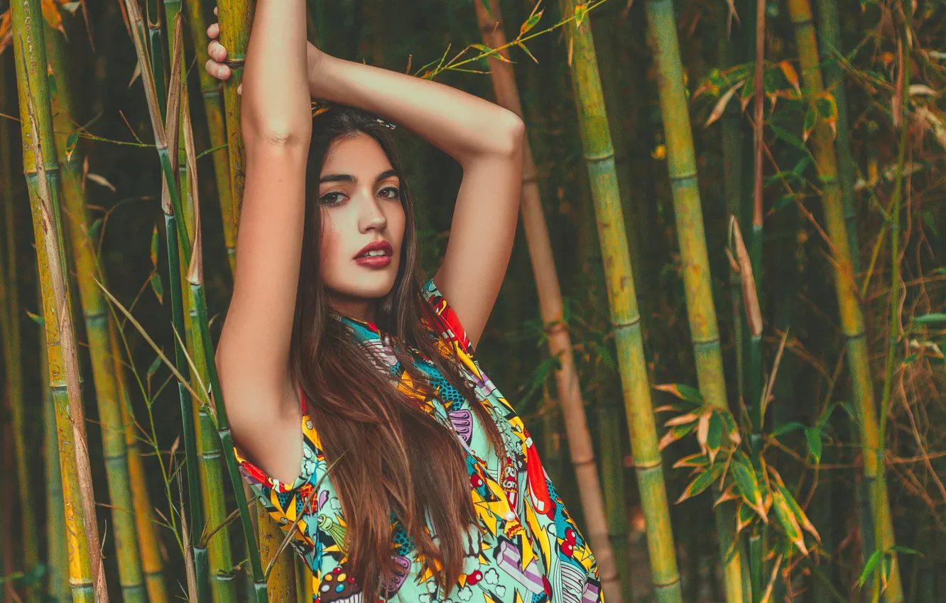 Photo wallpaper pose, model, hands, bamboo, Paula Riba