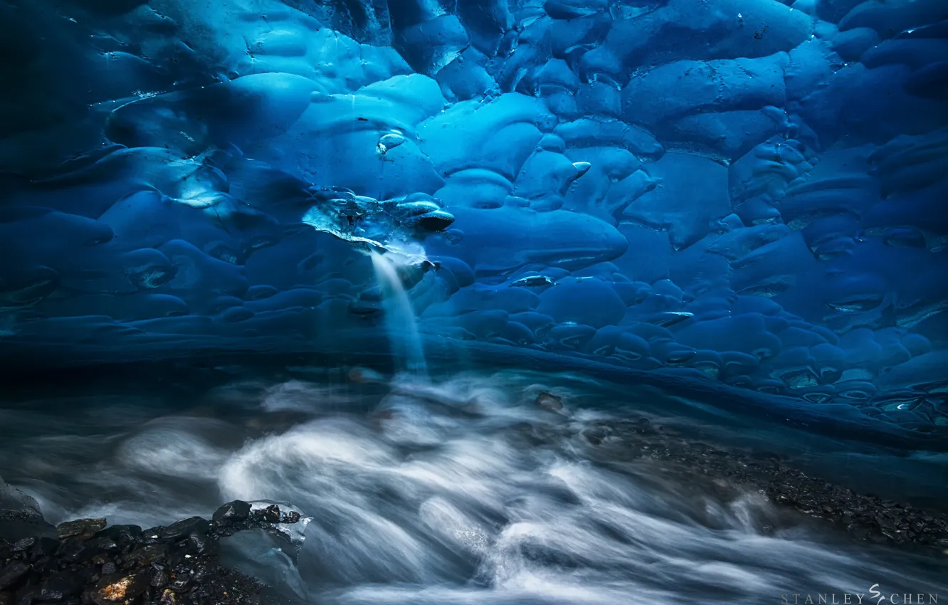 Photo wallpaper nature, river, waterfall, ice, glacier