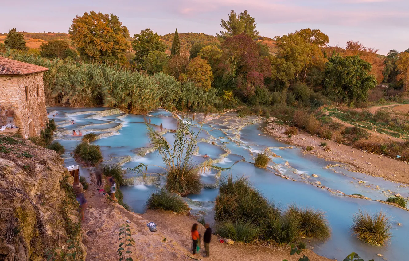 Photo wallpaper hills, vegetation, people, pond, Saturnia