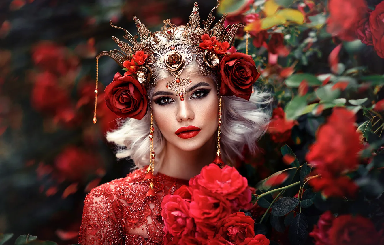 Photo wallpaper decoration, red, style, rose Bush, red lipstick, image, Melanie Dietze, dress