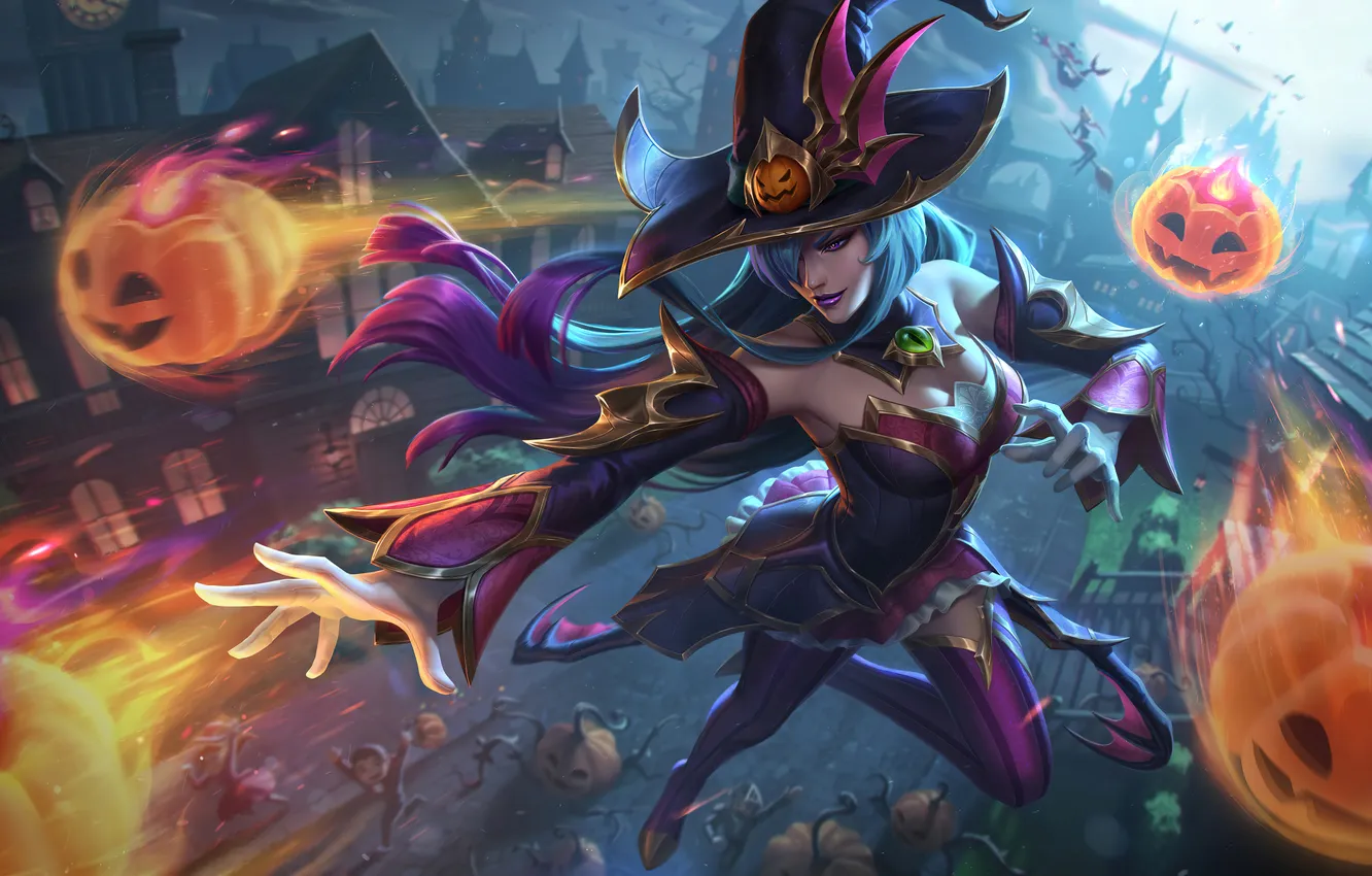 Photo wallpaper Halloween, art, League of Legends, pumpkin, LoL, witch, skin, Syndra