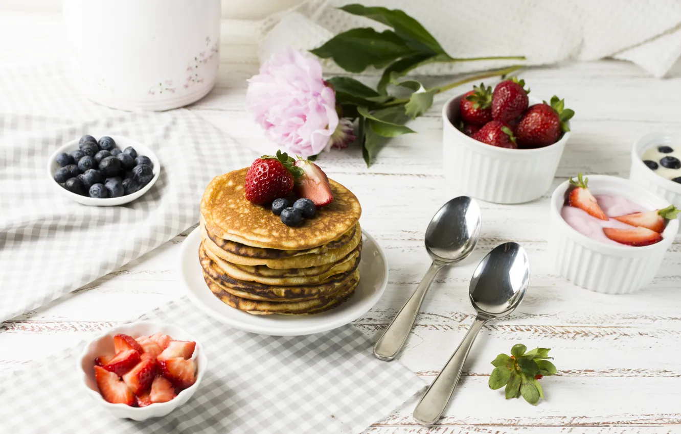 Photo wallpaper berries, Breakfast, pancakes, breakfast, yogurt
