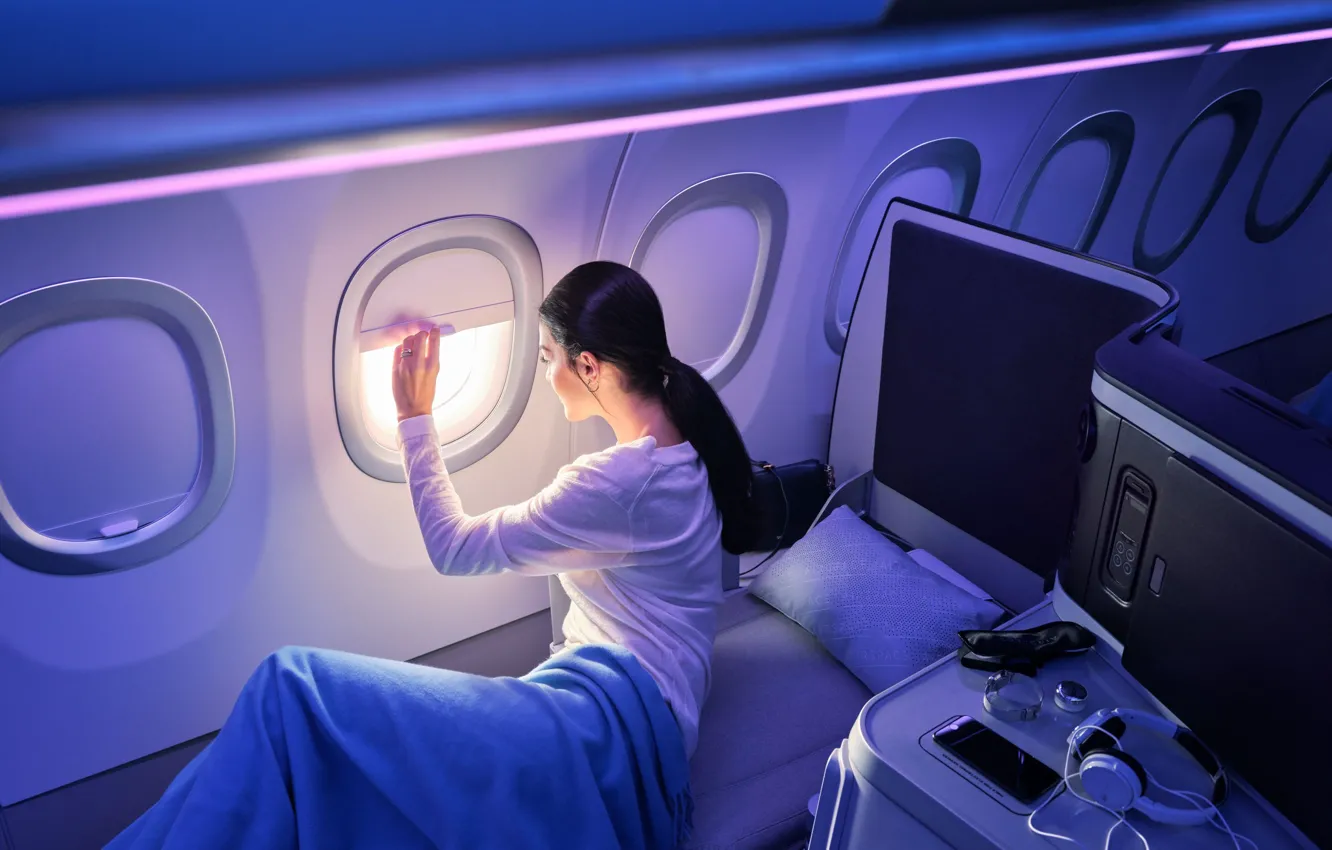Photo wallpaper Girl, The plane, The window, Airbus, Airbus, Airbus A320, Narrow - body aircraft, Narrow-body aircraft