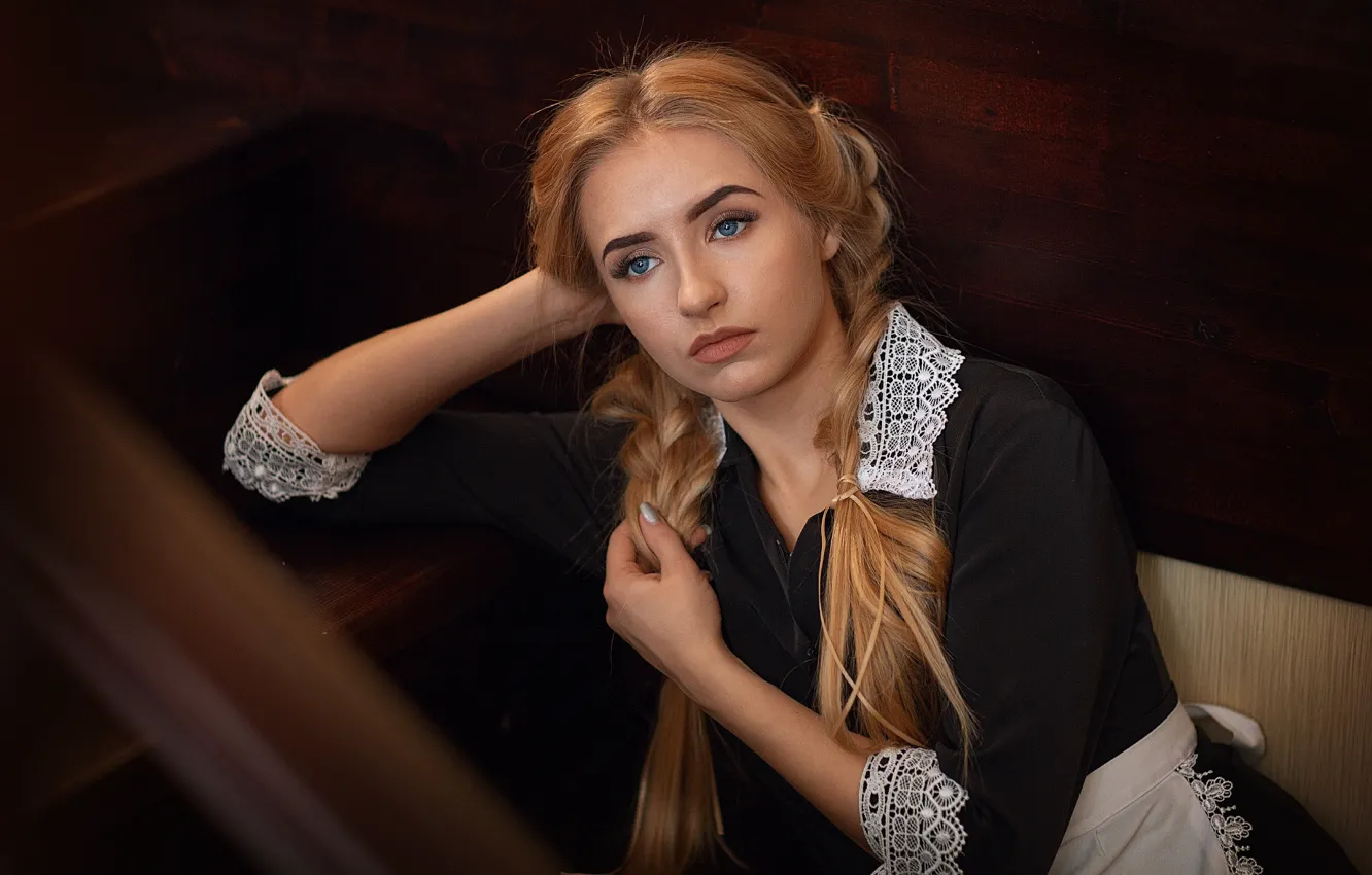 Photo wallpaper look, girl, pose, portrait, braids, uniform, Christina, licr