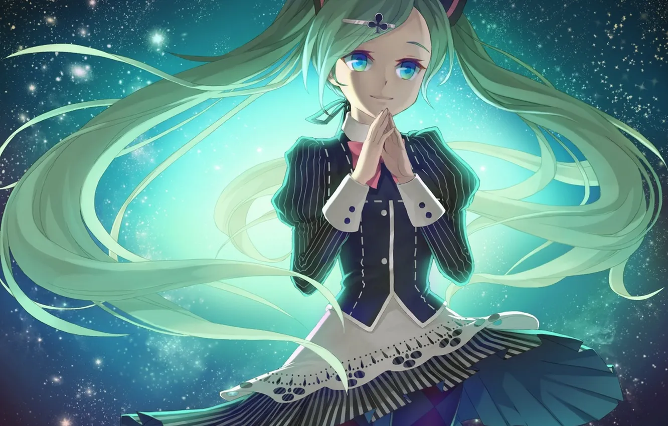 Photo wallpaper girl, stars, smile, art, vocaloid, hatsune miku, Vocaloid, barrette