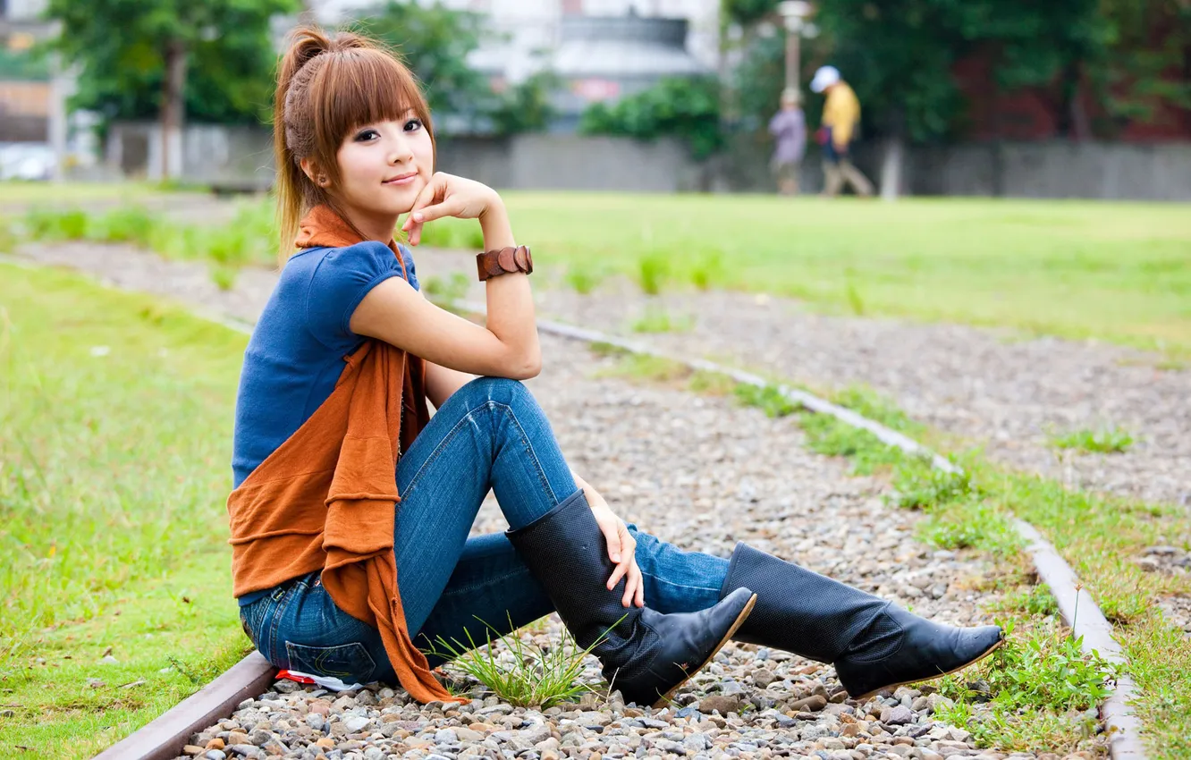 Photo wallpaper girl, stones, street, rails, boots, Asian, sitting