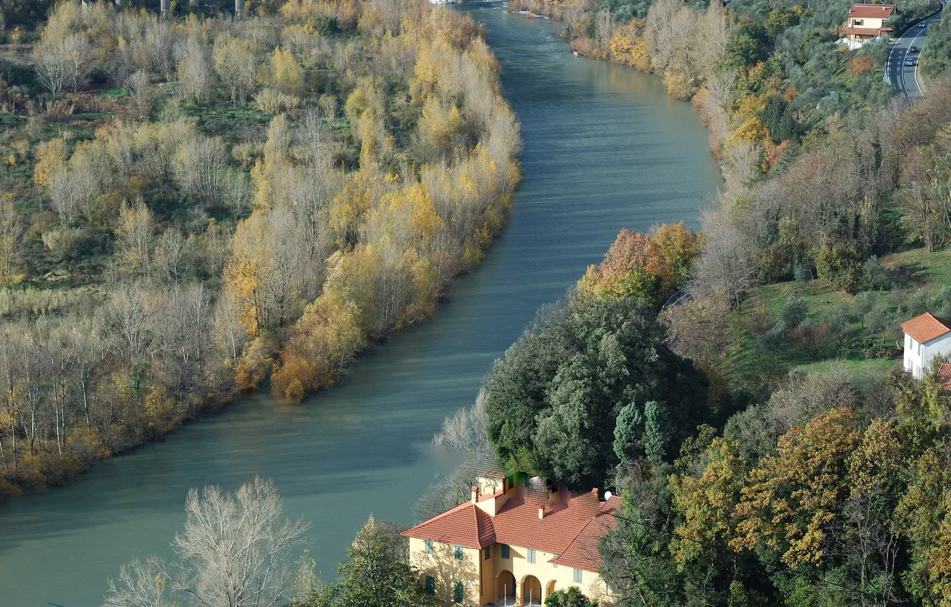 Photo wallpaper autumn, forest, house, river, valley